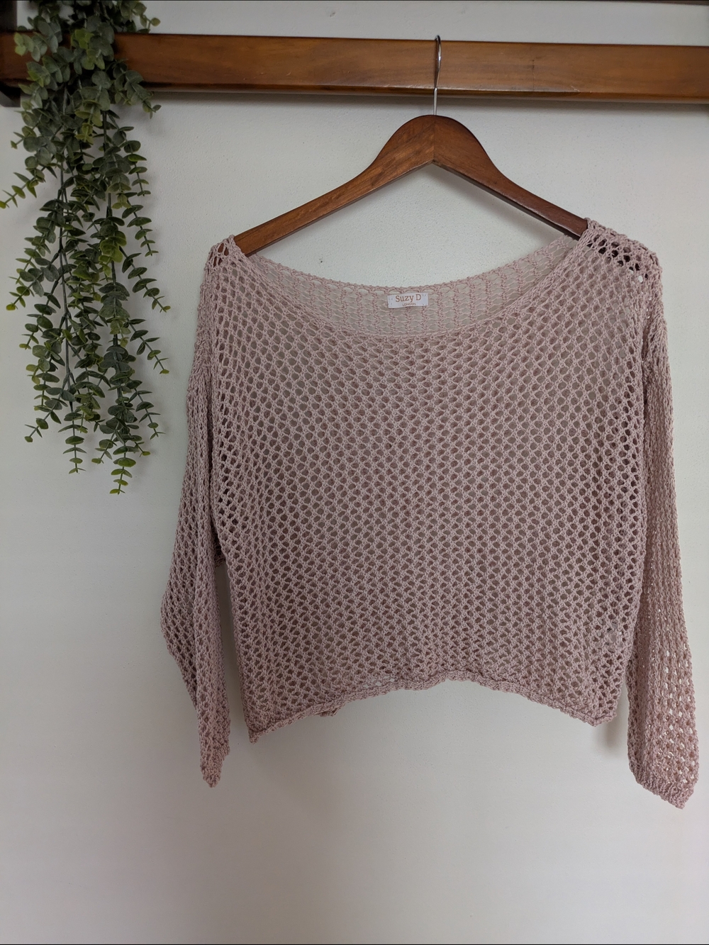 Suzy D Boho Dusty Pink Mesh Crochet Knit Crop Top